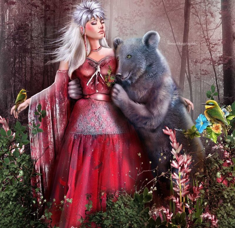 Woman with Bear in Forest — Red, Serene