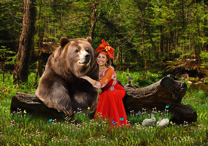 Woman with Bear in Forest — Red