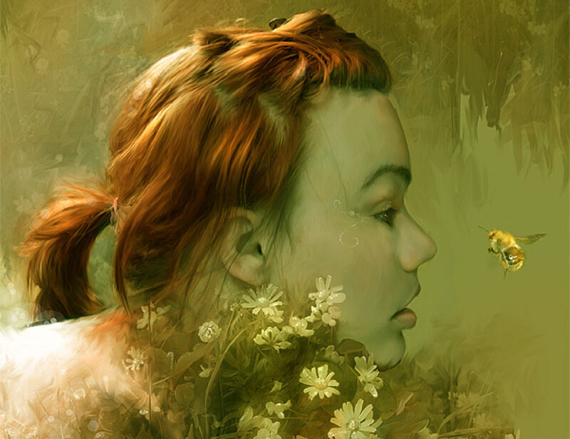 woman with bee and flowers