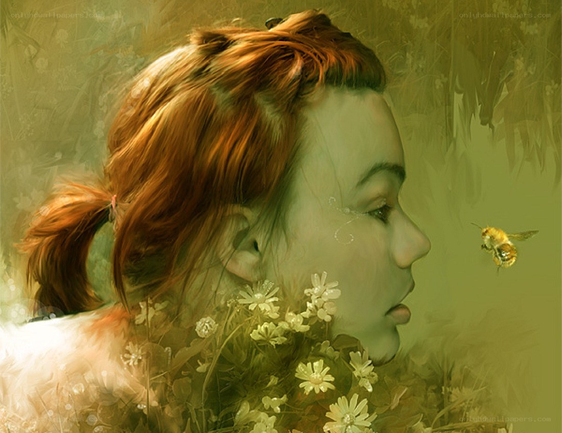 woman with bee and flowers