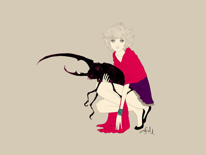 woman with beetle illustration