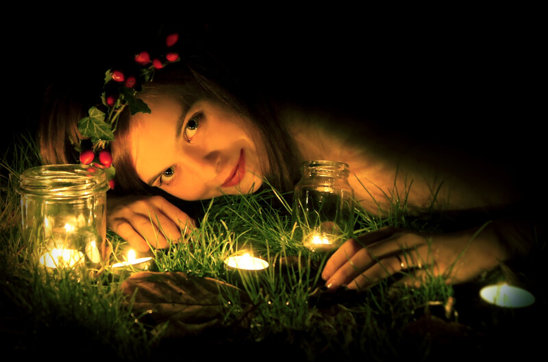 Woman with Berry Crown — Green, Dramatic, Night