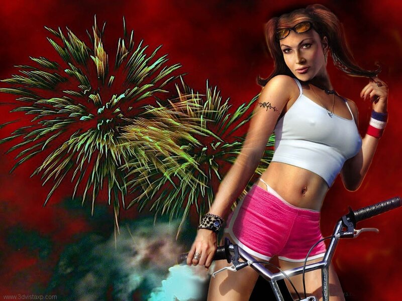 woman with bicycle and fireworks