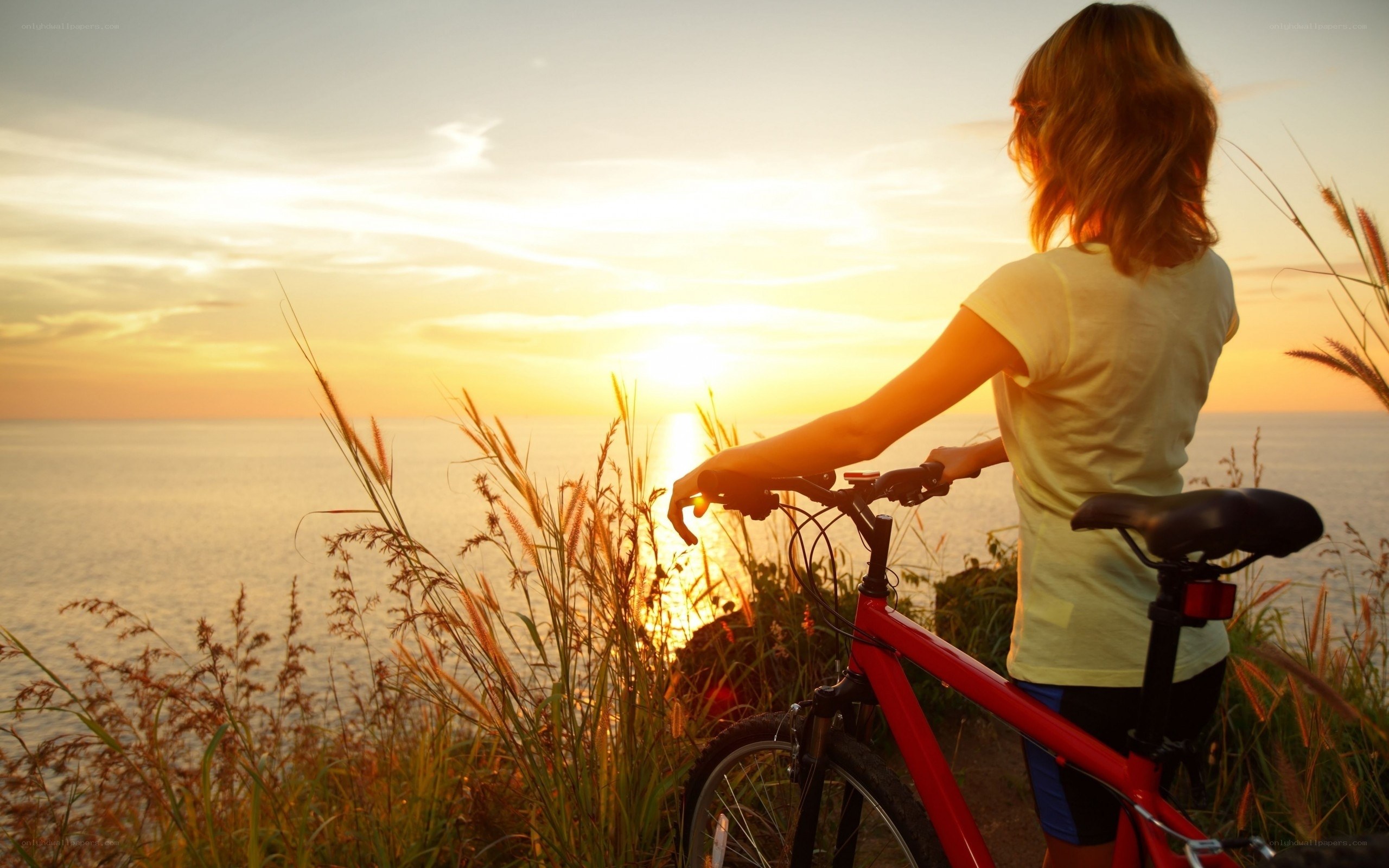 Woman with bicycle at sunset