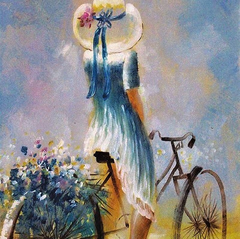 Woman with Bicycle — Blue, Serene, Afternoon, Painting
