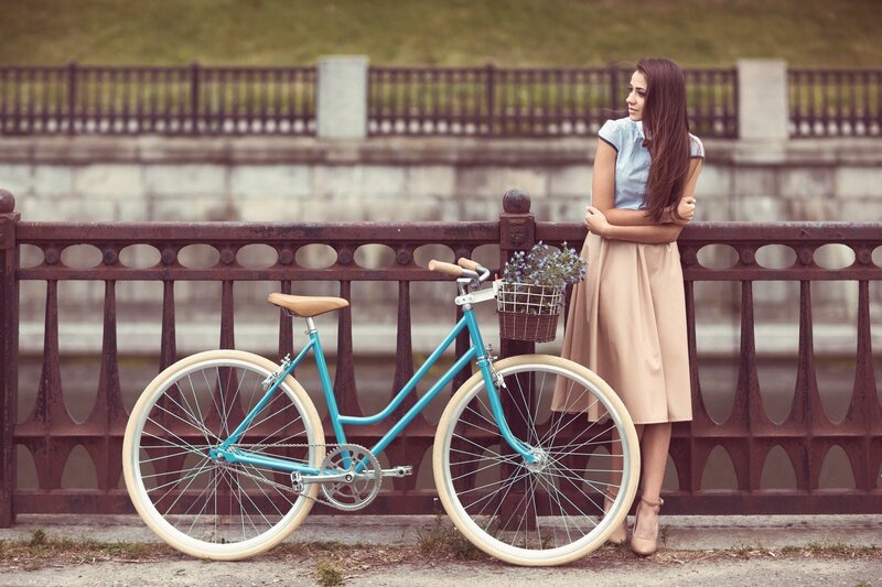 Woman with Bicycle — Blue, Serene, Afternoon, Photograph, Basket, Bridge