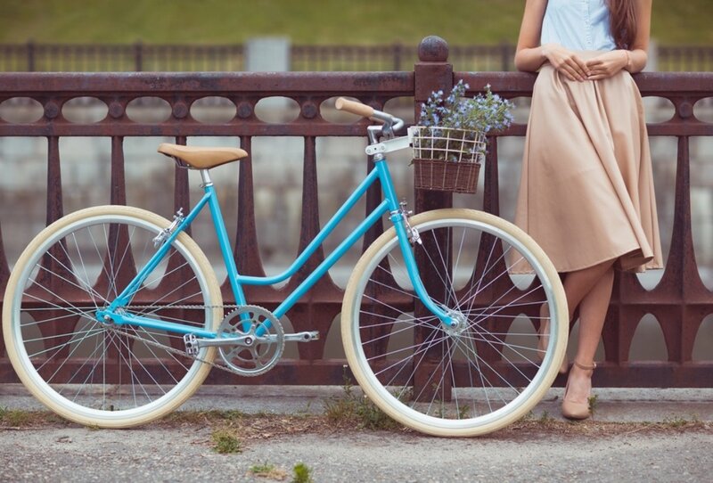 Woman with Bicycle — Blue, Serene, Afternoon, Photograph, Basket