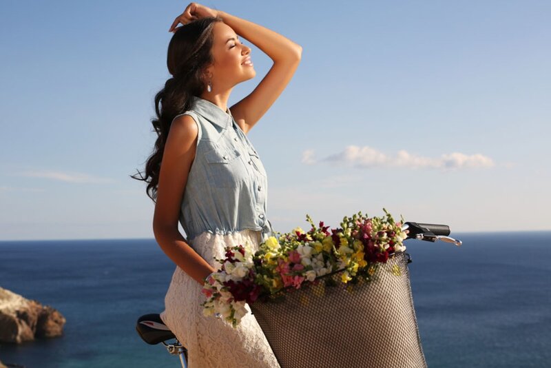 Woman with Bicycle — Blue, Serene, Afternoon, Photograph, Flowers