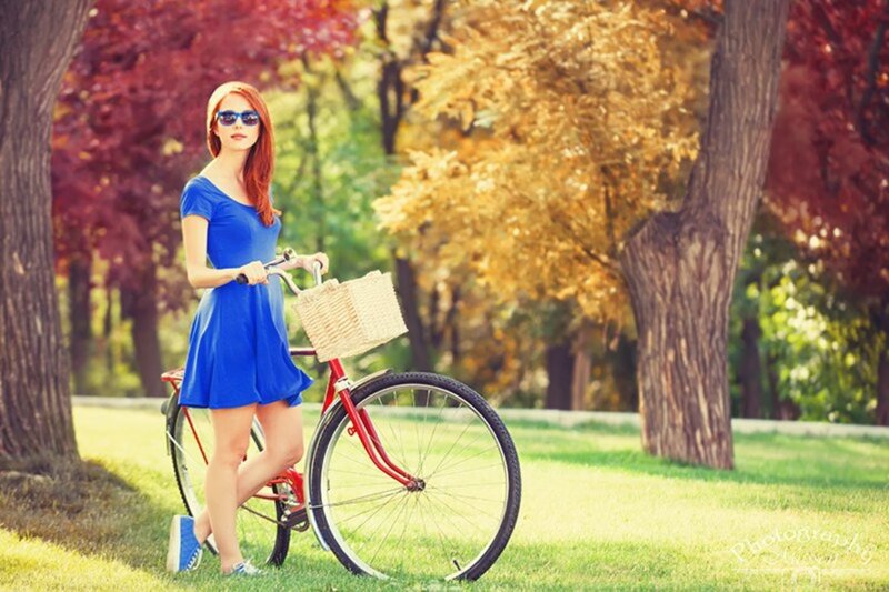 Woman with Bicycle — Blue, Serene, Autumn, Photograph