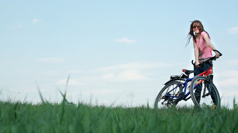 Woman with Bicycle — Green, Outdoor