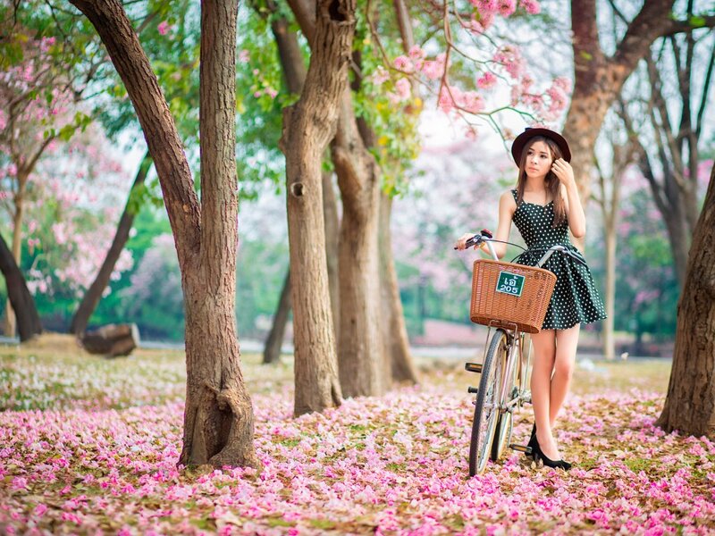 Woman with Bicycle — Pink, Serene