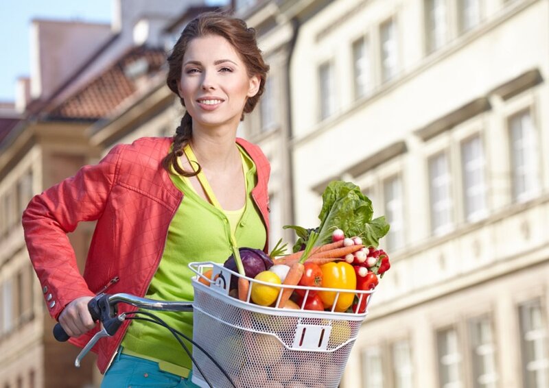Woman with Bicycle — Red, Cheerful
