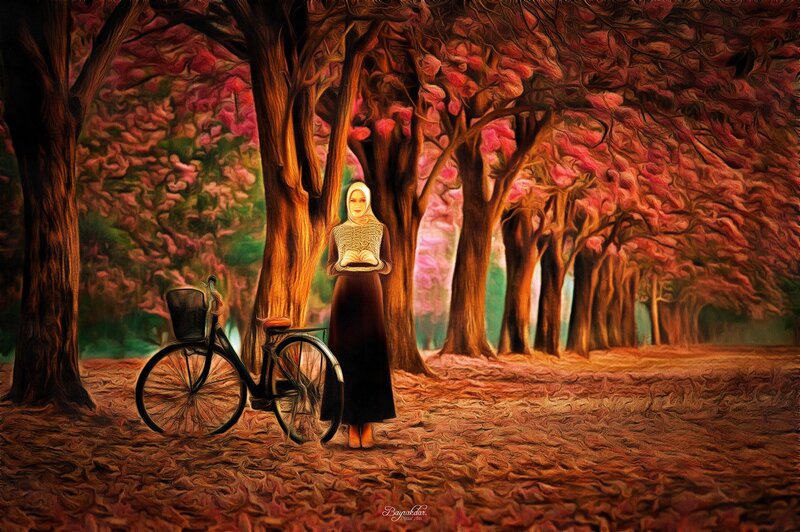 Woman with Bicycle — Red, Serene
