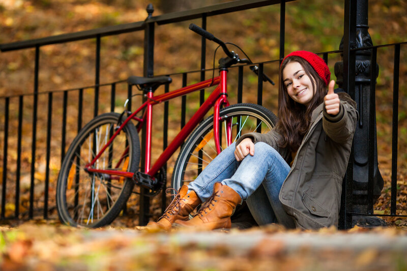 Woman with Bicycle — Red