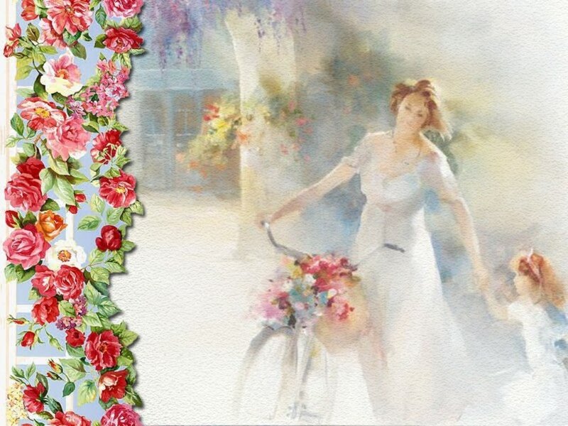 Woman with Bicycle — White, Serene, Afternoon, Painting, Child