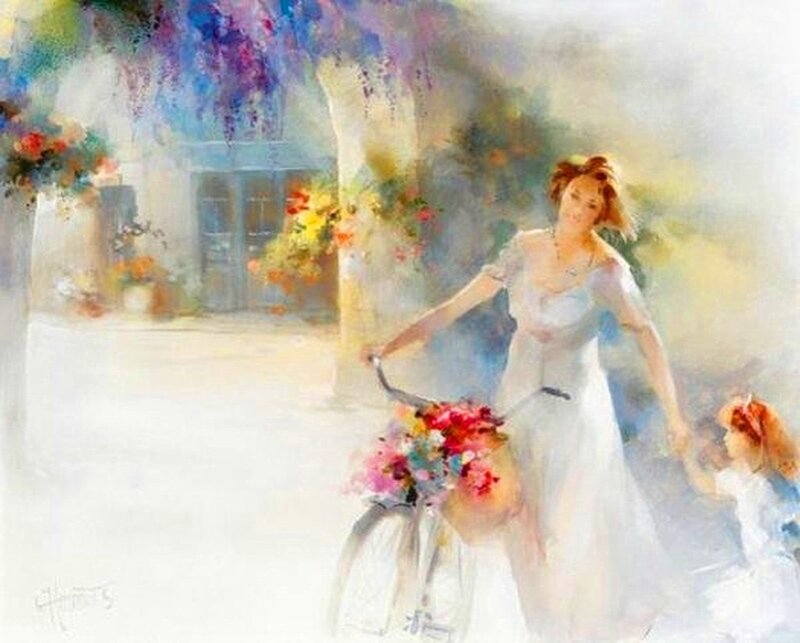 Woman with Bicycle — White, Serene, Afternoon, Painting