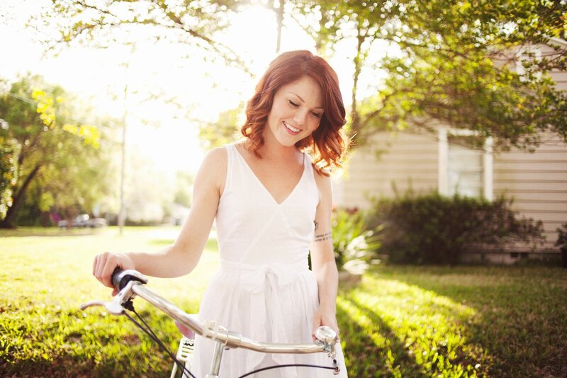 Woman with Bicycle — White, Serene, Afternoon, Photograph, Grass