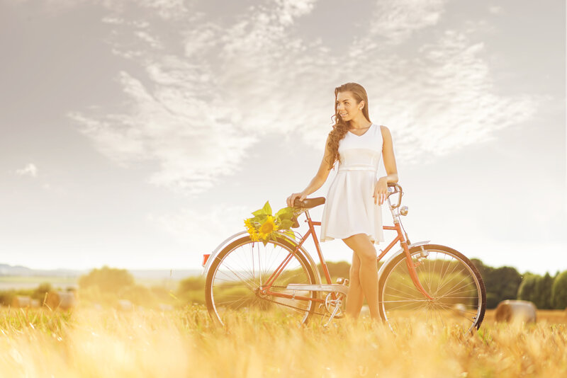 Woman with Bicycle — White, Serene, Afternoon