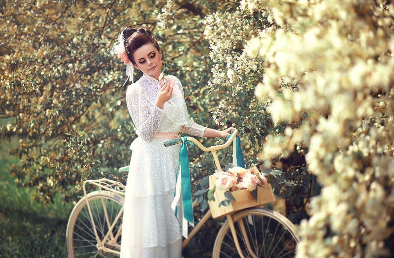 Woman with Bicycle — White, Serene, Spring