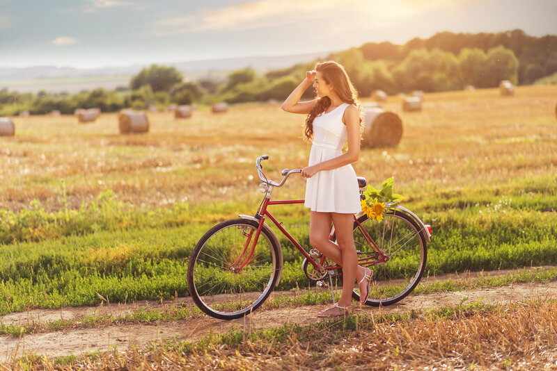 Woman with Bicycle — White, Serene, Sunset