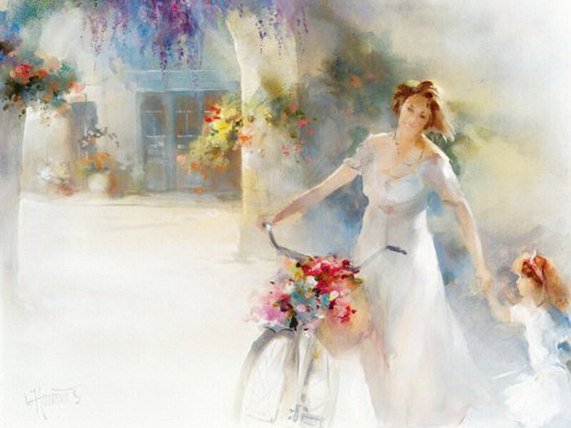 Woman with Bicycle — White, Serene