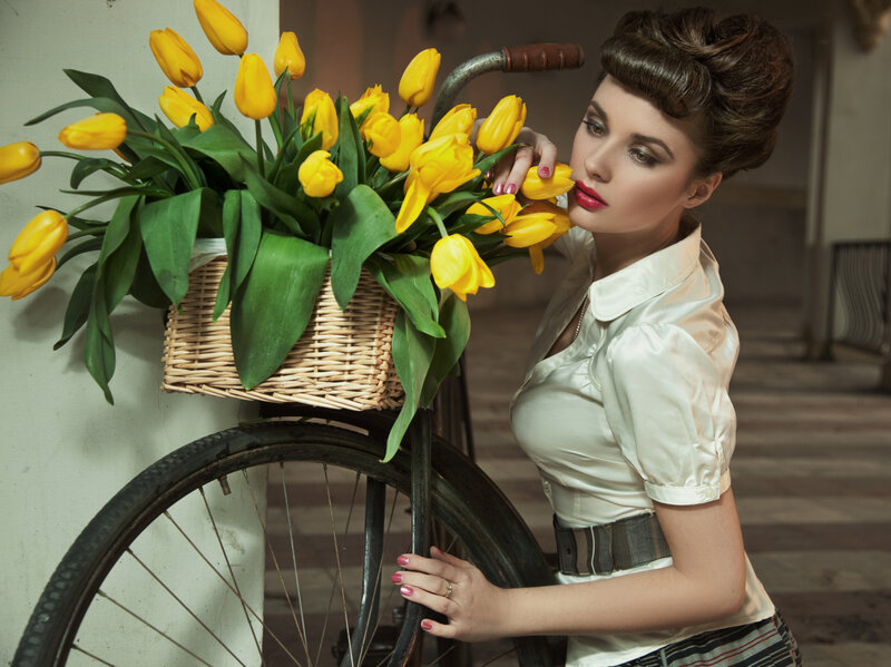 Woman with Bicycle — Yellow, Dramatic