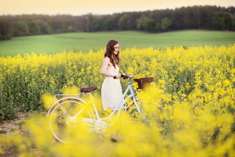 Woman with Bicycle — Yellow, Serene