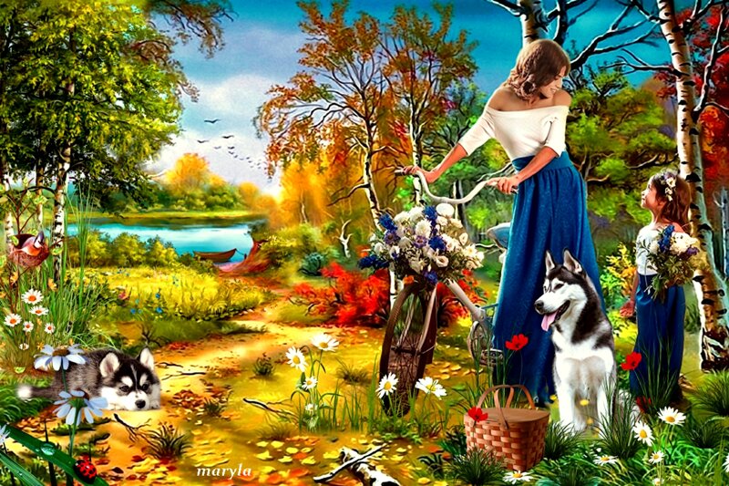 Woman with Bicycles and Dogs