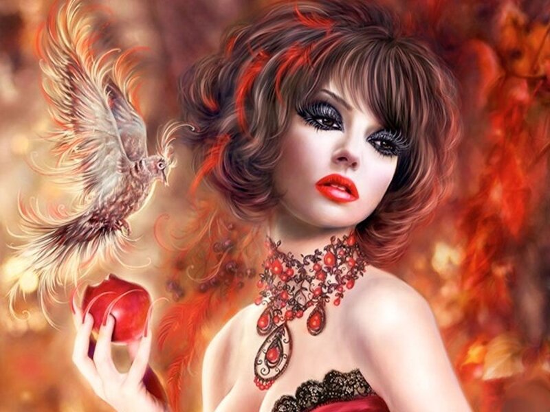 woman with bird and apple
