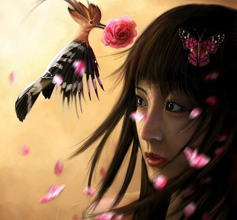 woman with bird and butterfly