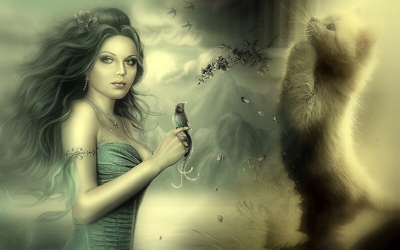 woman with bird and cat