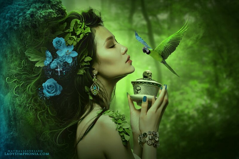 Woman with Bird and Flowers — Green