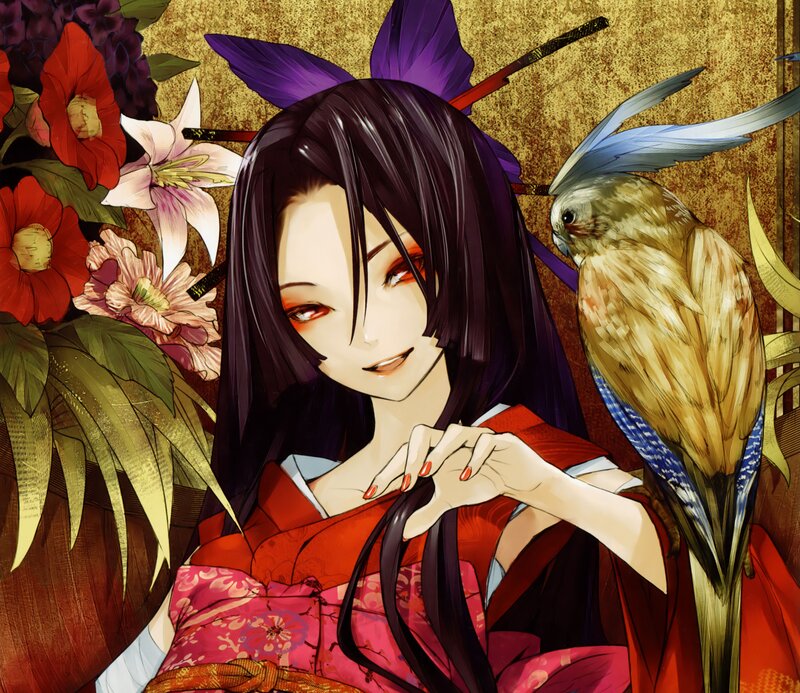 Woman with Bird and Flowers — Red