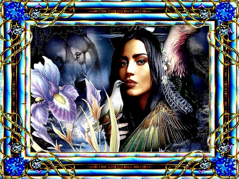 Woman with Bird and Wolf