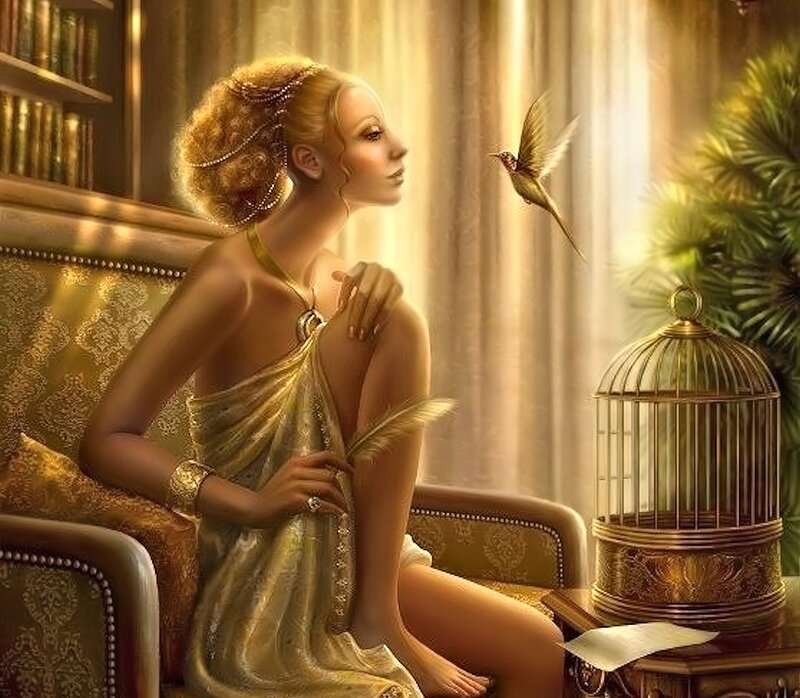 Woman with Bird — Gold, Serene