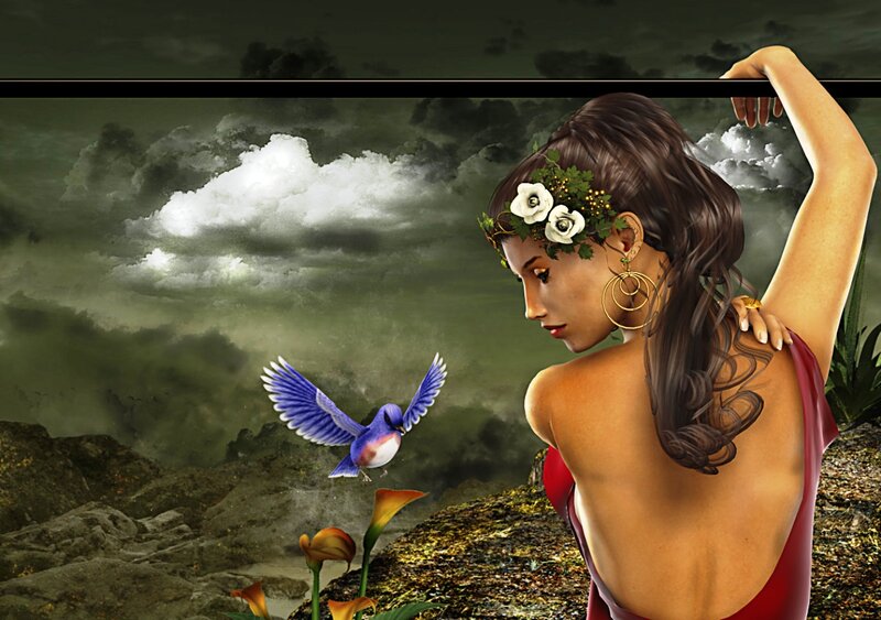 Woman with Bird — Green, Dramatic