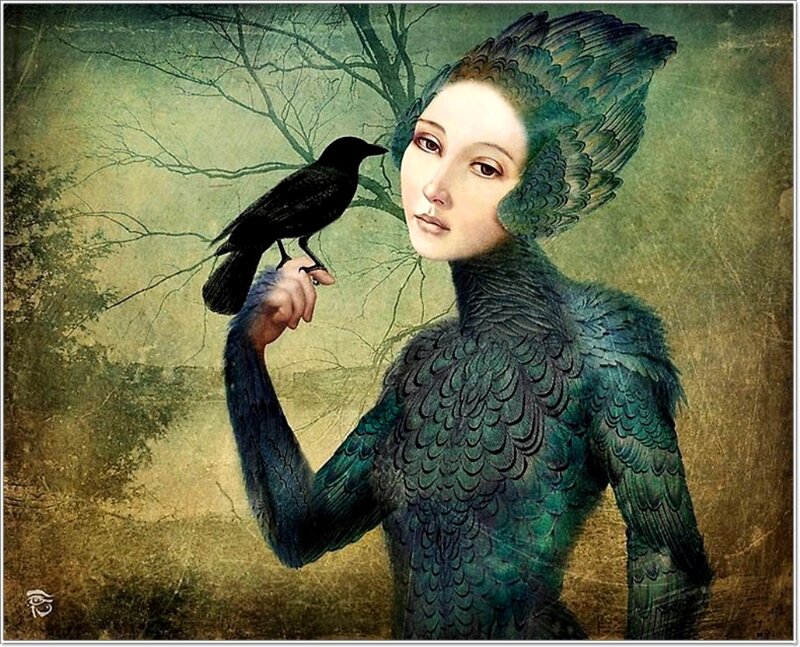 Woman with Bird — Green, Mysterious