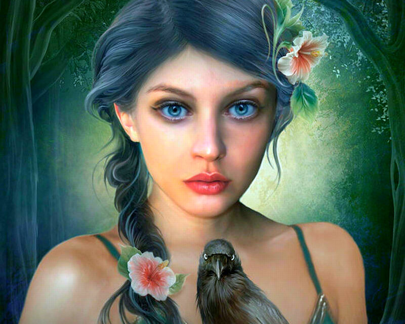 Woman with Bird — Green, Serene