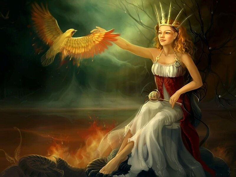 Woman with bird in dark forest