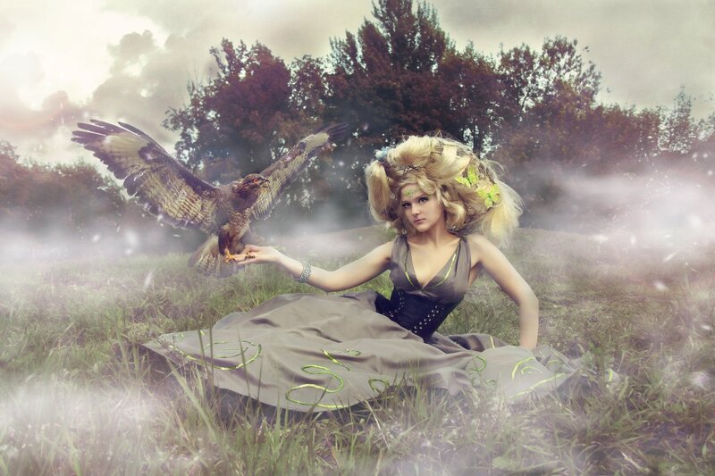 Woman with Bird in Field — Green