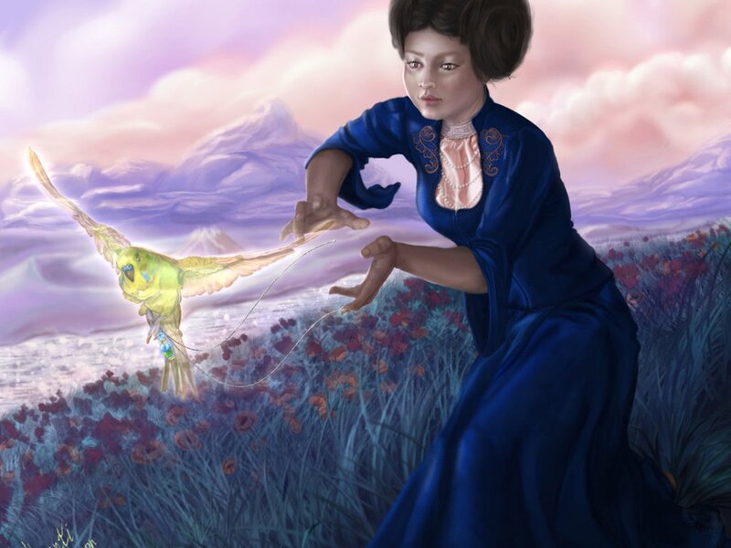 woman with bird in field