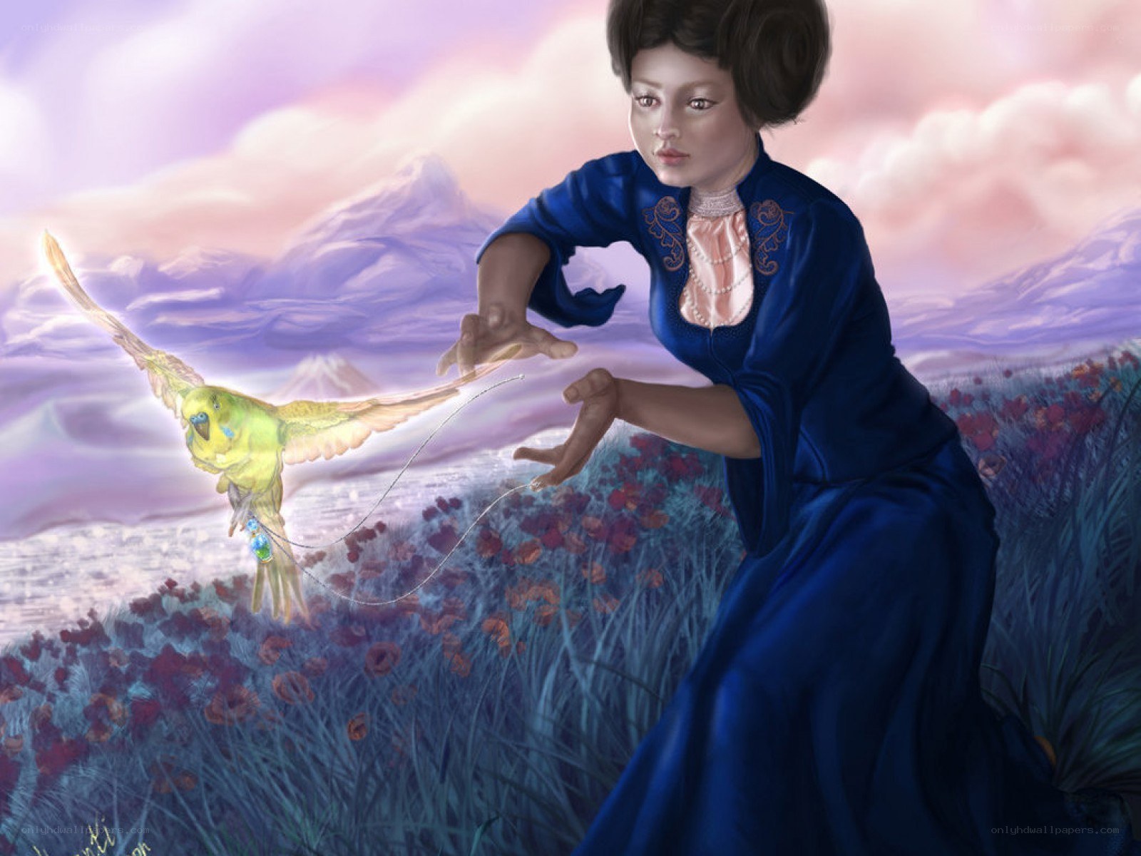woman with bird in field