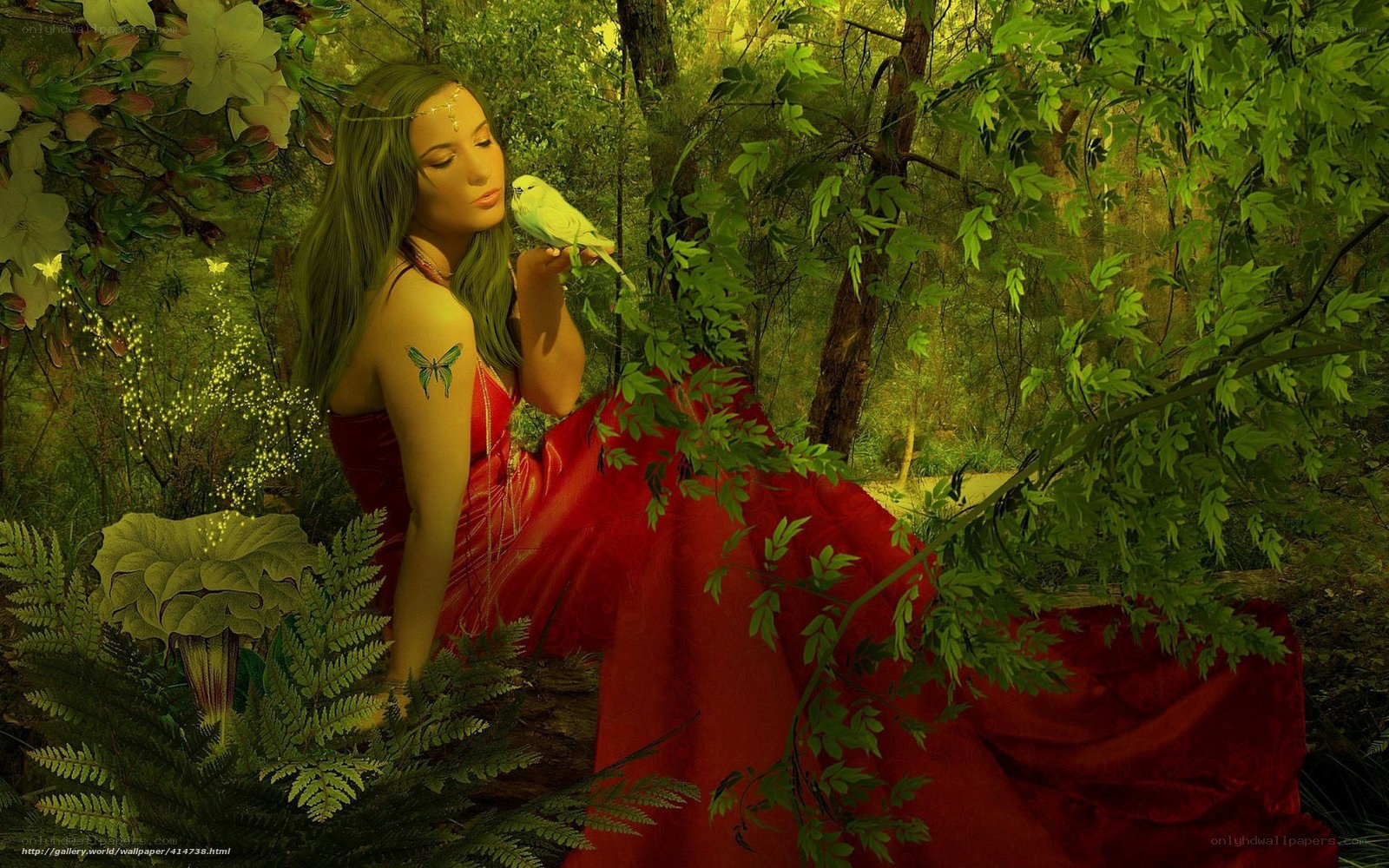 woman with bird in forest