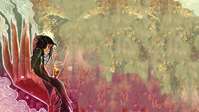 woman with bird in forest