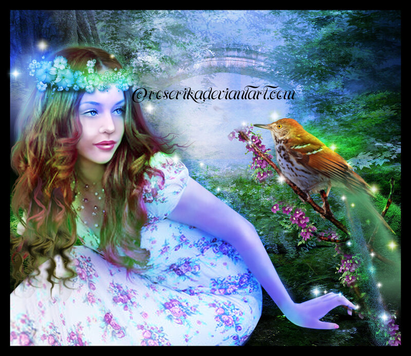 Woman with Bird in Forest — Blue