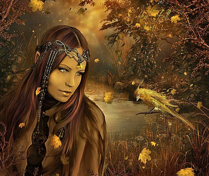 Woman with Bird in Forest — Brown, Serene