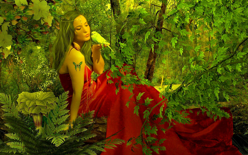 Woman with Bird in Forest — Green, Serene, Afternoon, Digital Art