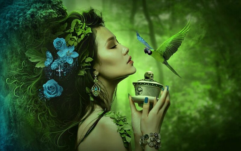 Woman with Bird in Forest — Green, Serene