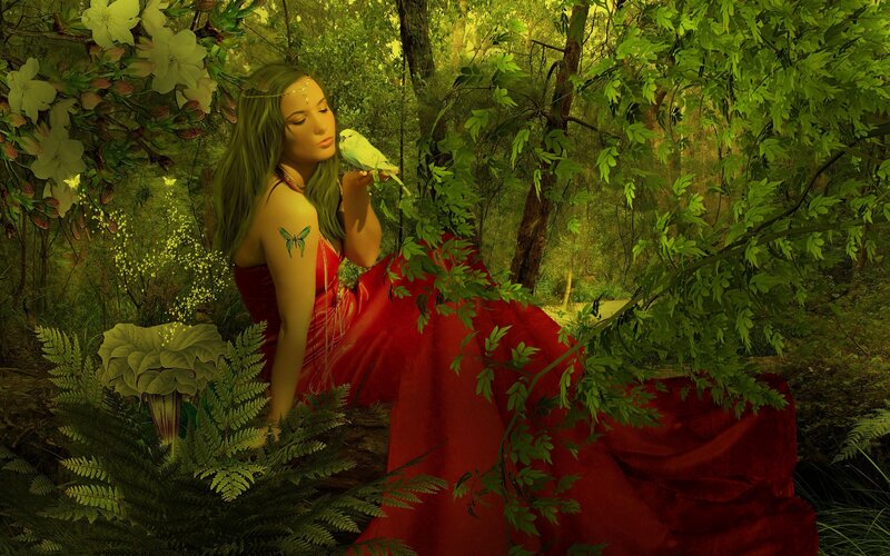 Woman with Bird in Forest — Red, Serene