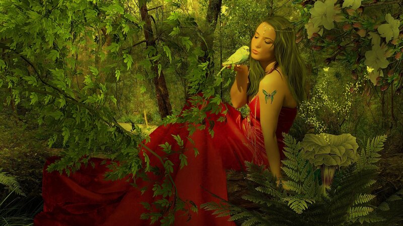 Woman with Bird in Forest — Red